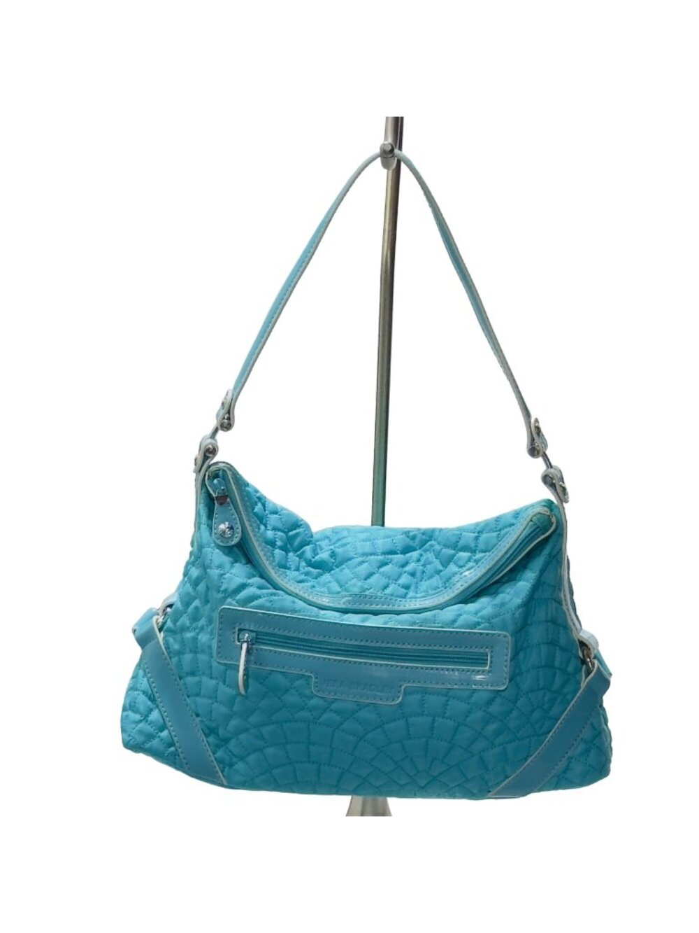 VERA BRADLEY Women's Handbag Blue Quilted Fabric Patent Leather Trim Zip Pocket